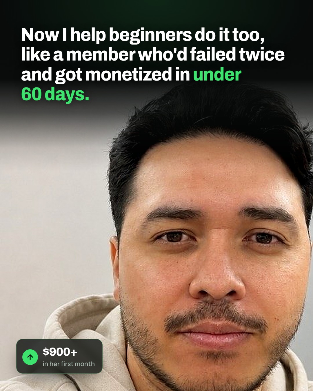 Now I help beginners do it too, like a member who'd failed twice and got monetized in under 60 days. $900+ in her first month.